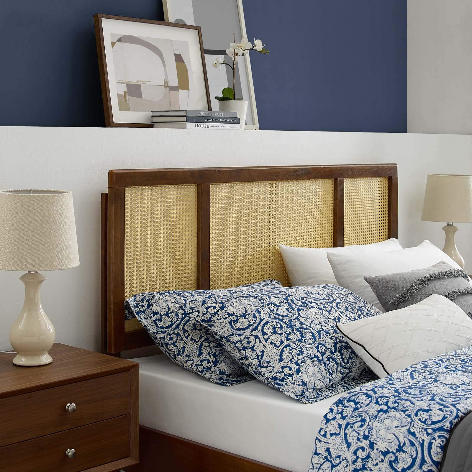 Modway Delmare Cane Woven Rattan Queen Headboard In Walnut